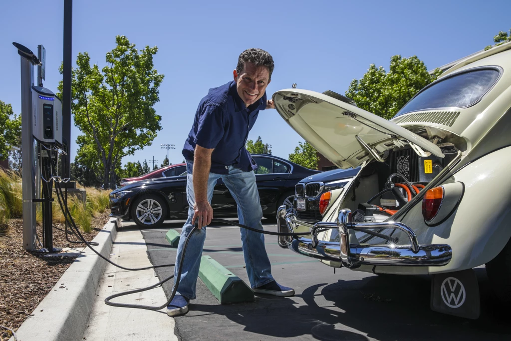 Gas to electric car conversion photo from LA Times shared by Drive Electric Dayton.