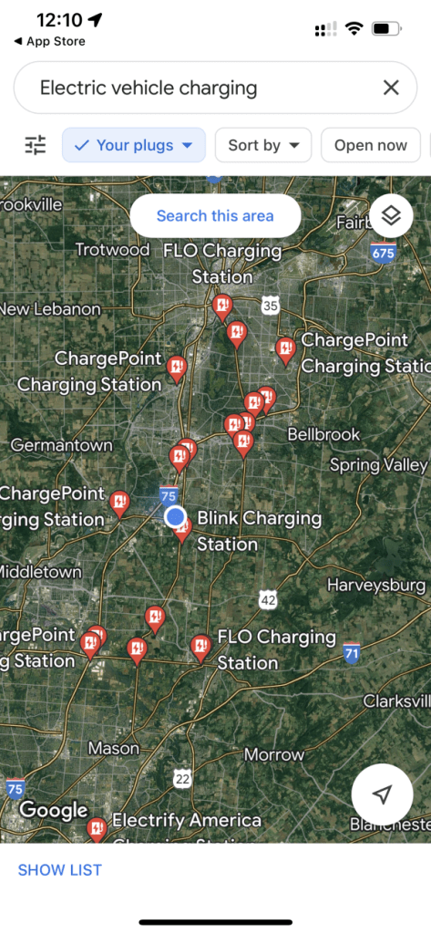 EV search results on Google Maps app photo shared by Drive Electric Dayton.